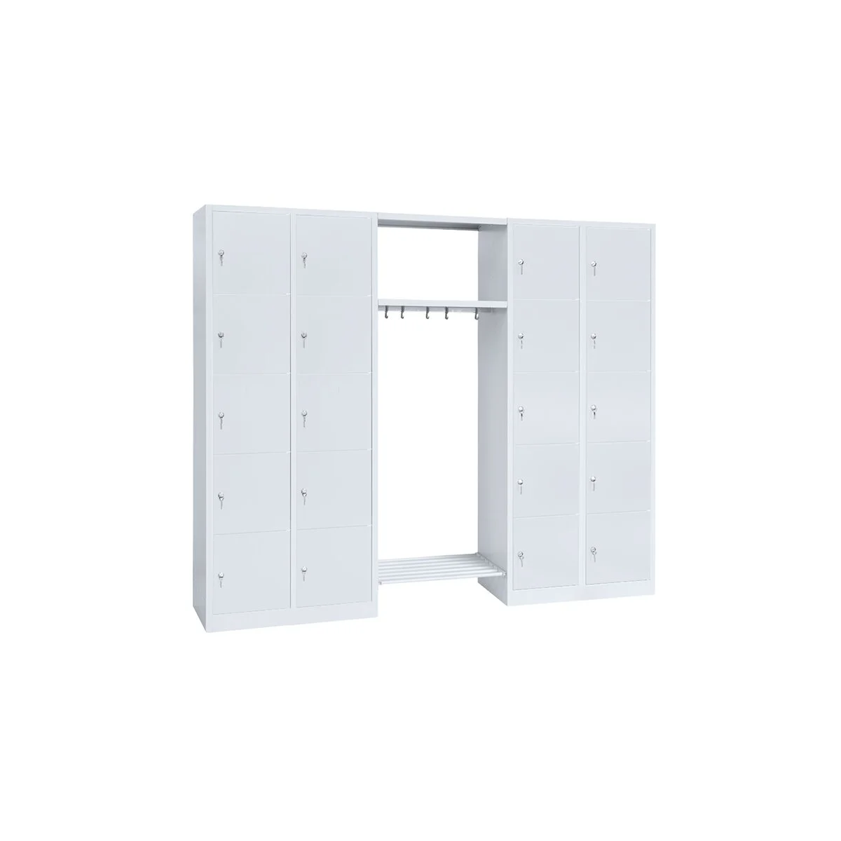 Garderobe, 2 Abteile links, 2 Abteile rechts, je 5 Fäch